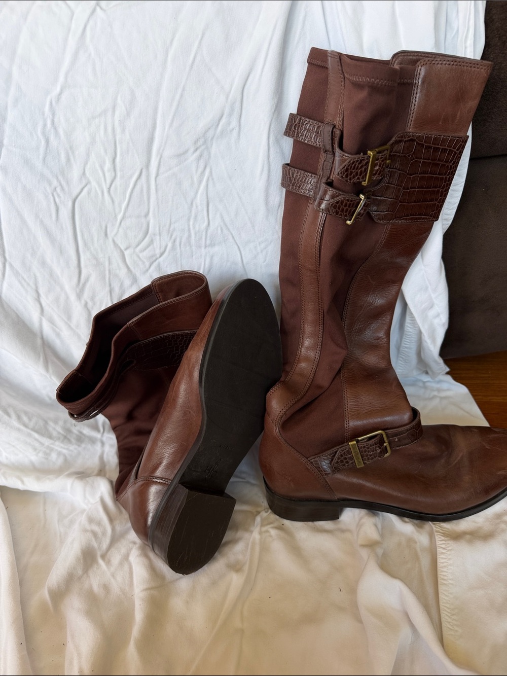 Cole Haan Brown Leather Knee-High Riding Boots with Buckle Detail